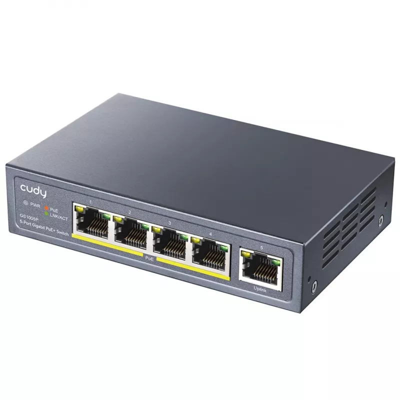 Tīkla slēdzis Cudy GS1005P — 5 portu Gigabit Ethernet ar 4 PoE portiem, 60W kopējā jauda, metāla korpuss, montējams statīvā