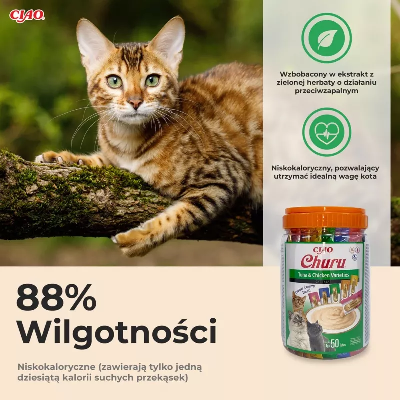 Mitras kaķu našķu pastas INABA Churu variācijas — vista un tuncis, 50 x 14 g pastas tūbiņas, bez graudiem, bez lipekļa un bez cukura