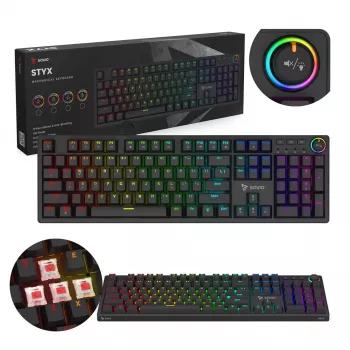 Mehāniskā spēļu tastatūra SAVIO STYX Outemu Red — pilna izmēra 104 taustiņu USB vadu, RGB, ANSI US International, 1,5 m, melna