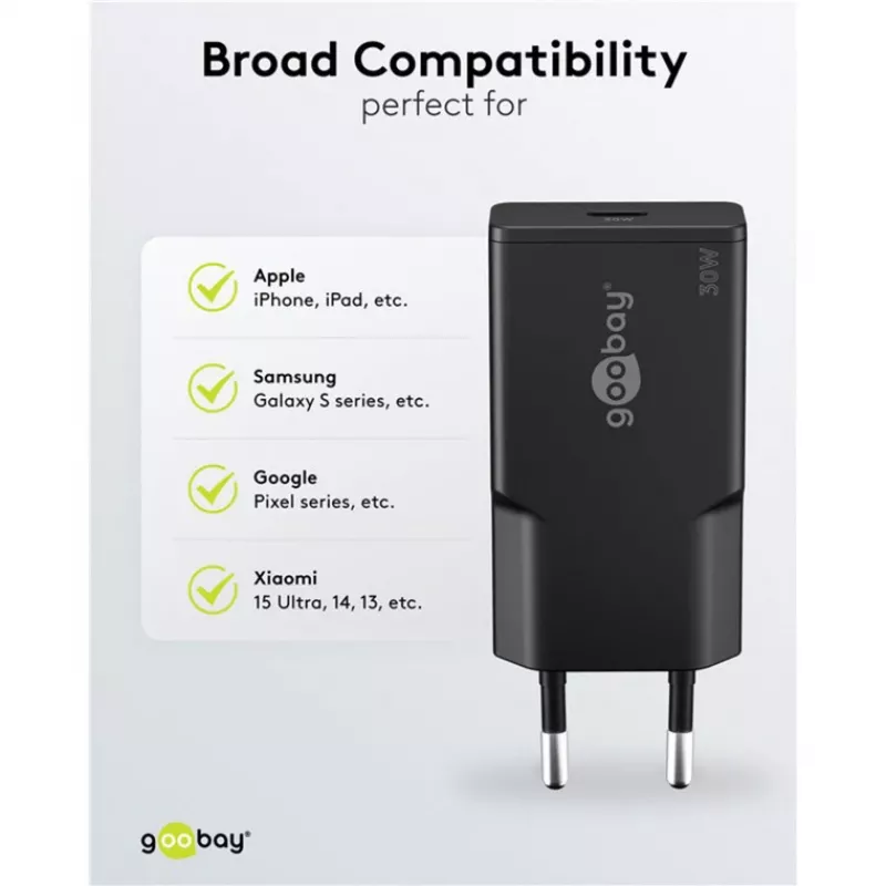 Goobay USB-C™ PD GaN ātrais lādētājs plāns (30 W) melns