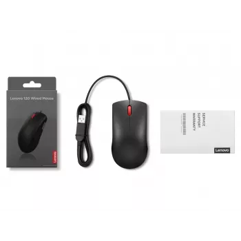 Vadu USB-A pele Lenovo 120 — melna, piemērota abām rokām, 1600 DPI, 3 pogas, 1,5 m kabelis