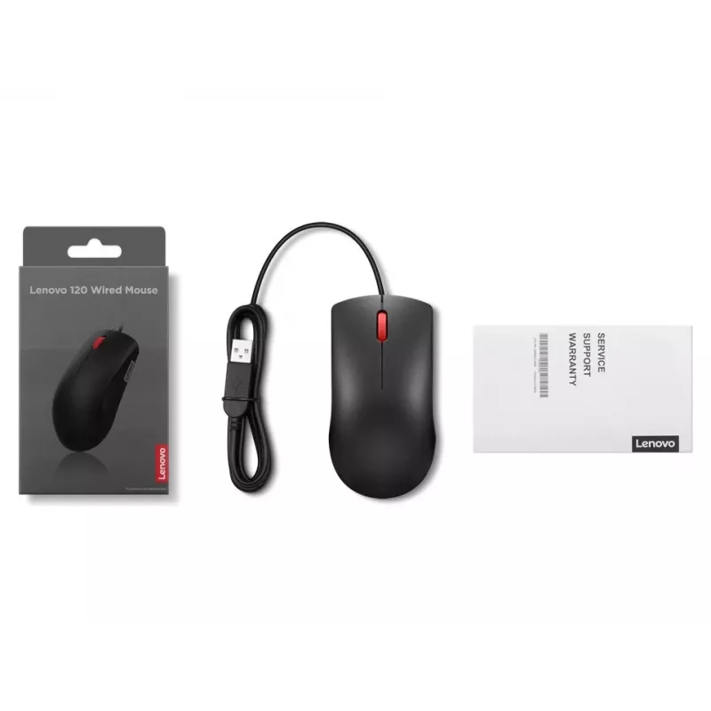 Vadu USB-A pele Lenovo 120 — melna, piemērota abām rokām, 1600 DPI, 3 pogas, 1,5 m kabelis