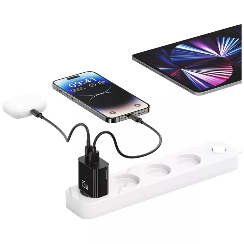 USB lādētājs usams USA001629 25W 1xUSB-C + 1xUSB-A ātra uzlāde