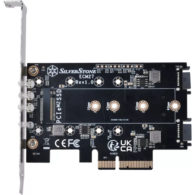 Silverstone SST-ECM27 M.2/SATA adapterkarte, PCIe 4.0, 1x M-Key, 2x SATA 6G - zema profila