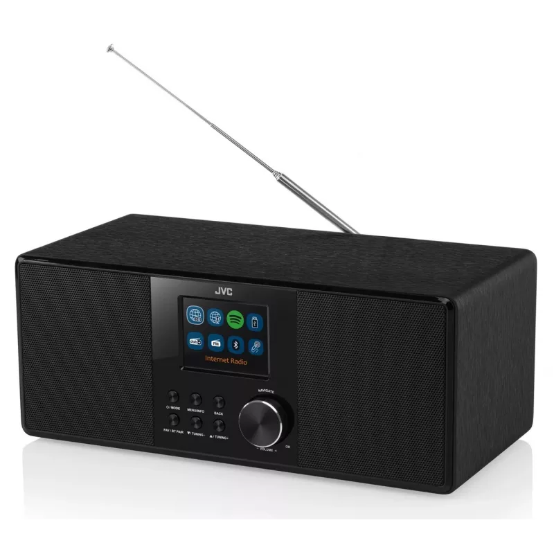 Interneta radio JVC RA-E981B — straumēšana, izmantojot Wi‑Fi un Bluetooth, DAB+, FM, 2x5W, 40 atmiņas vietas, USB, AUX, LCD displejs