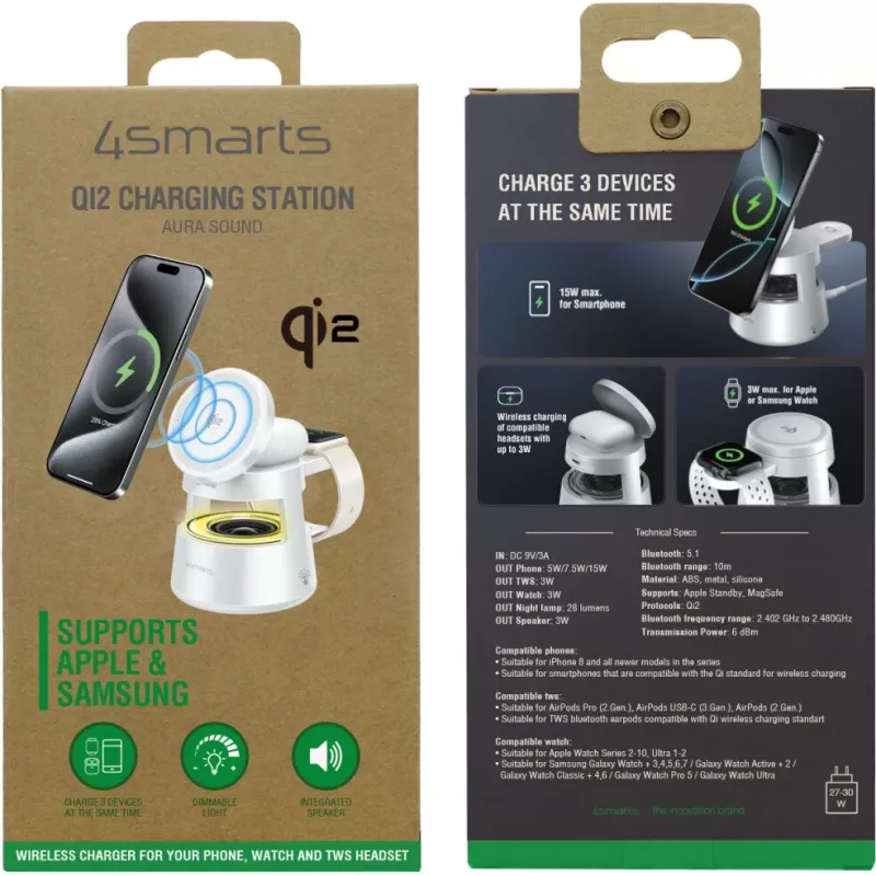 Bezvadu lādētājs 4smarts Qi2 Aura Sound balts – Qi2 ātra bezvadu uzlāde, iebūvēts skaļrunis