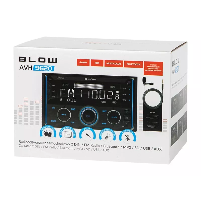 2DIN auto radio BLOW AVH-9620 dubultā DIN iebūvējamā galvas ierīce ar Bluetooth 5.0, USB Type-A, 2,8 collu displeju, 4×60 W RMS