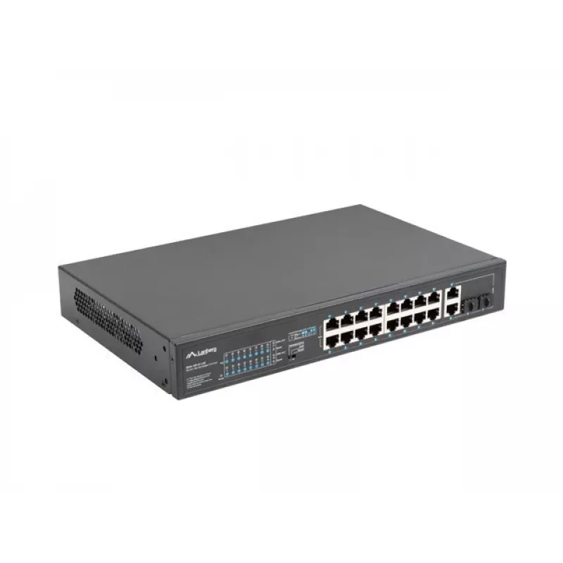 Nepārvaldāms slēdzis LANBERG RSFE-16P-2C-250 — 18 portu Gigabit, 16x PoE+ (30W), 2x SFP, 250W, 1U, metāls, stiprināšana statīvā
