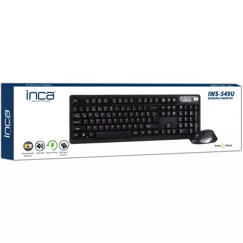 Inca IWS-549U Tastatūra ar peli iekļautu Biroja RF Bezvadu USB QWERTY Turku Melna