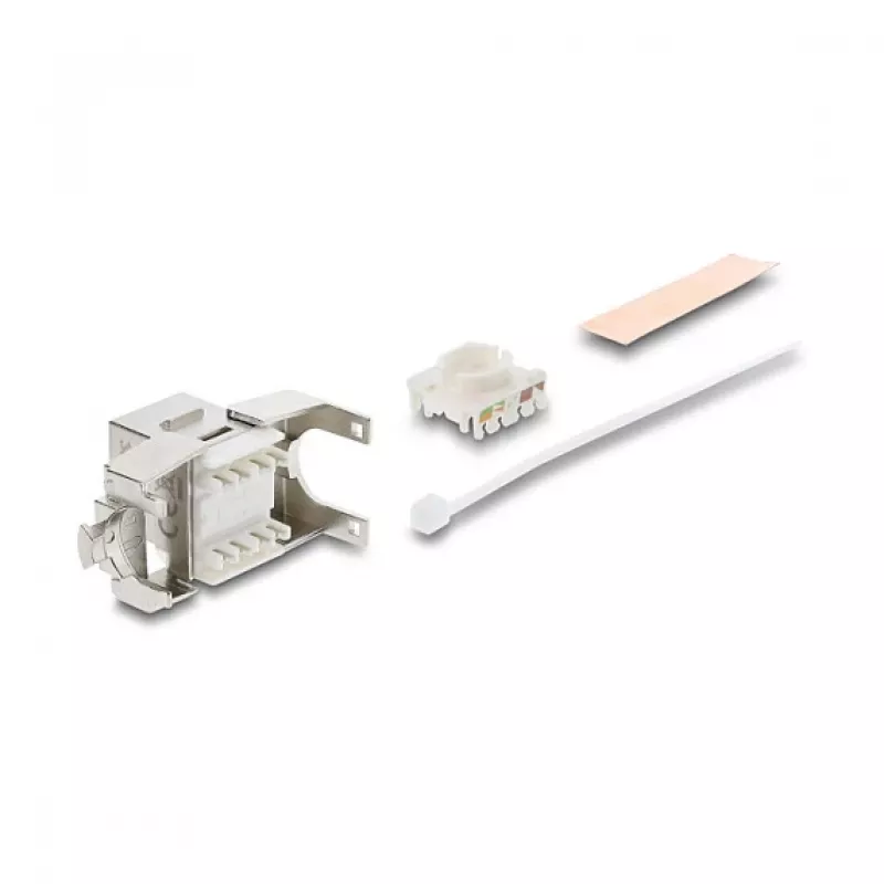 Keystone modulis DELOCK RJ45 uz LSA Cat.6A ekranēts, bez instrumenta, plakans, sudraba/baltā krāsā, ar putekļu vāciņu