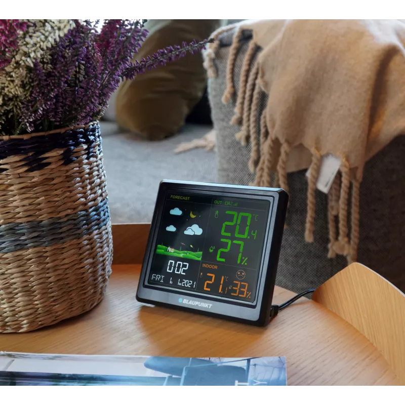 Laika stacija BLAUPUNKT WS25BK — iekštelpu/āra temperatūras un mitruma monitors, melna, 1 sensors, LCD displejs