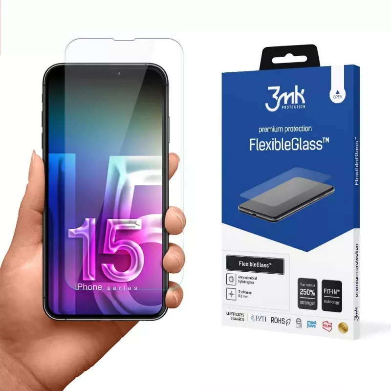 Rūdīta elastīga ekrāna aizsargplēve 3MK FlexibleGlass Pro Apple iPhone 15 — caurspīdīga, izturīga pret skrāpējumiem