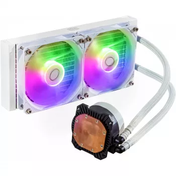 Šķidruma dzesēšanas komplekts Cooler Master MasterLiquid 240L Core ARGB balta — 240 mm radiators, 120 mm ventilatori, atbalsta LGA1700/AM5/AM4 un vecākas ligzdas