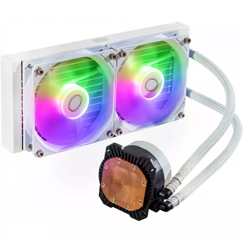 Šķidruma dzesēšanas komplekts Cooler Master MasterLiquid 240L Core ARGB balta — 240 mm radiators, 120 mm ventilatori, atbalsta LGA1700/AM5/AM4 un vecākas ligzdas