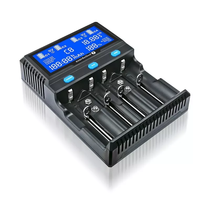 everActive UC-4200 universālais maiņstrāvas bateriju lādētājs 12V 3A, atbalsta AA/AAA/C/9V, 4 elementi, melns, iebūvēts displejs