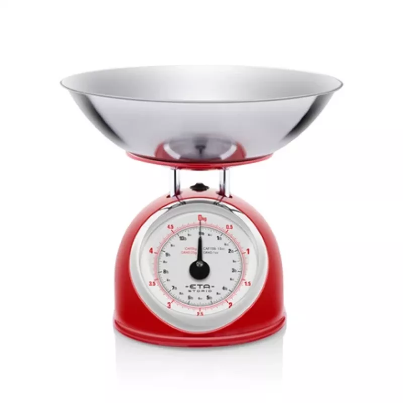 Mehāniskie virtuves svari ETA ETA577790030 — 5 kg ietilpība, 25 g precizitāte, nerūsējošā tērauda virsma, balts korpuss