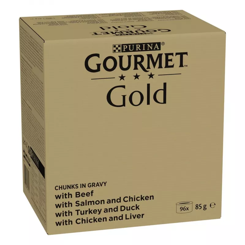 Mitrās kaķu barības multipaka Purina Nestlé GOURMET Gold gabaliņi mērcē — 96 x 85 g, 8,16 kg, 4 garšu sajaukums