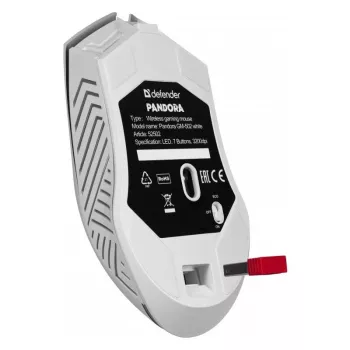 Bezvadu spēļu pele DEFENDER Pandora balta — piemērota abām rokām, 3200 DPI, 6 pogas, programmējama, optiska, USB