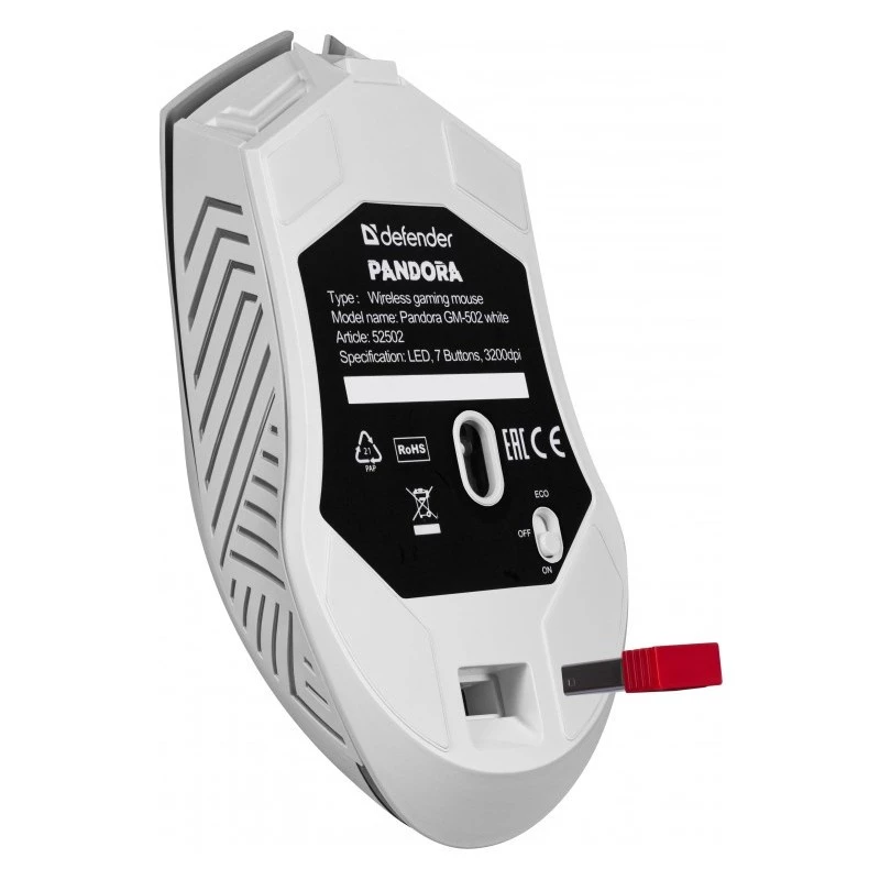 Bezvadu spēļu pele DEFENDER Pandora balta — piemērota abām rokām, 3200 DPI, 6 pogas, programmējama, optiska, USB