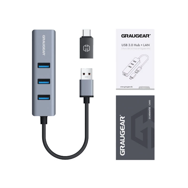 GRAUGEAR USB centrmezgls G-HUB31L-A — USB 3.2 Gen 1 Type-A resursdators, 3x USB 3.2 Gen 1 Type-A pieslēgvietas + RJ-45, 5000 Mbit/s
