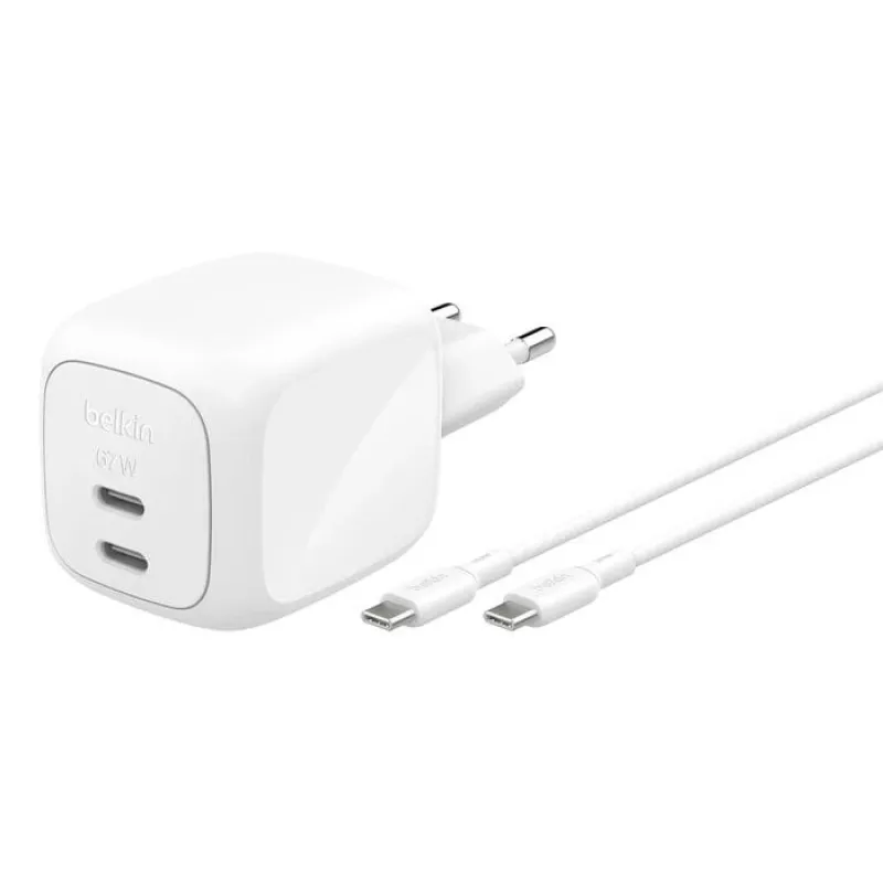 Iekštelpu maiņstrāvas ātrais lādētājs Belkin WCH020KQ2MWH-B6 — 2x USB‑C, 2 m integrēts kabelis, balts
