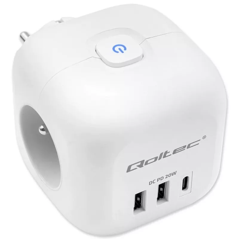 Strāvas sadalītājs QOLTEC 52548 ar 3 maiņstrāvas rozetēm un USB pieslēgvietu