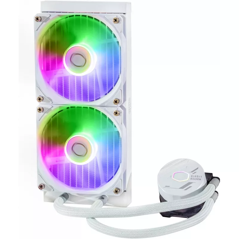 Šķidruma dzesēšanas komplekts Cooler Master MasterLiquid 240L Core ARGB balta — 240 mm radiators, 120 mm ventilatori, atbalsta LGA1700/AM5/AM4 un vecākas ligzdas