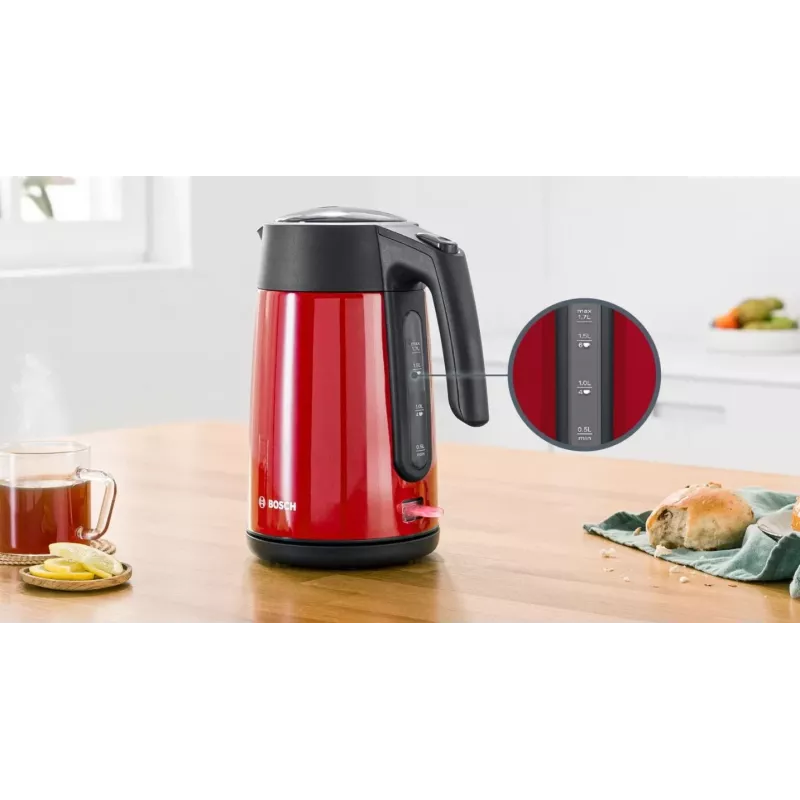 Elektriskā tējkanna Bosch TWK7L464 — 1,7 L tilpums, 2400 W, sarkana, plastmasas korpuss