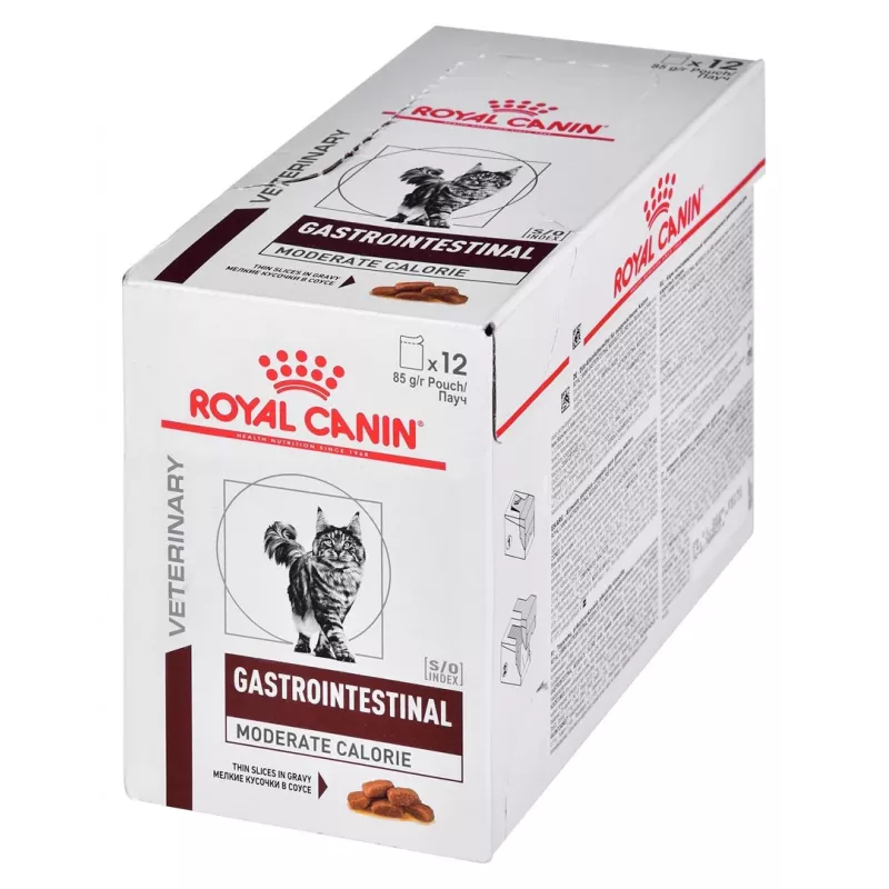 Mitrā kaķu barība Royal Canin Gastrointestinal Moderate Calorie 12 x 85 g paciņas, pieaugušiem kaķiem, gaļas garša, 82,2% mitruma