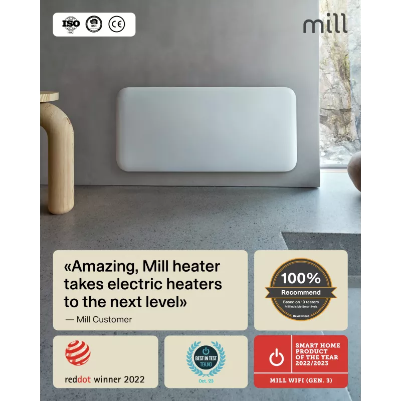Mill WiFi paneļu sildītājs | PA1500WIFI4A | Paneļu sildītājs | 1500 W | Piemērots telpām līdz 22 m² | Balts | IPX4