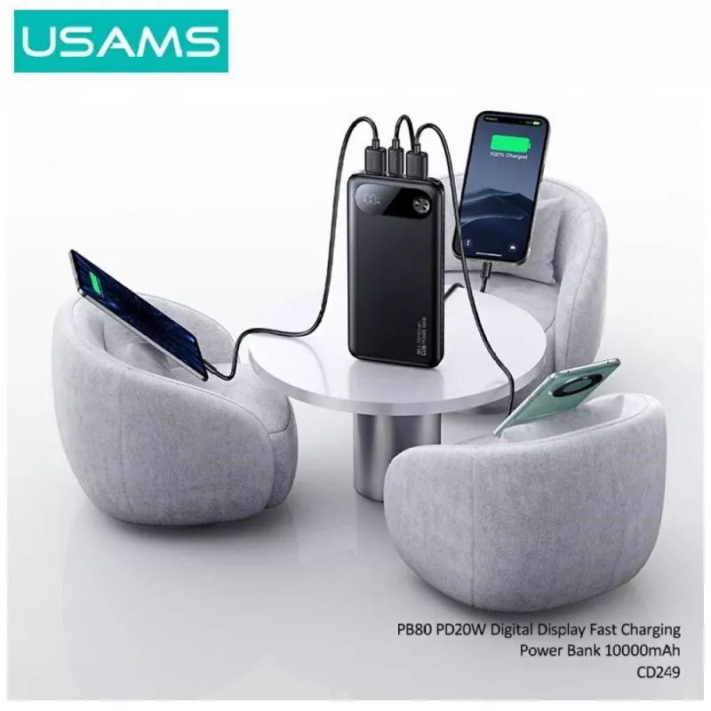 Pārnēsājams ārējais akumulators usams PB80 10000mAh 20W PD balts