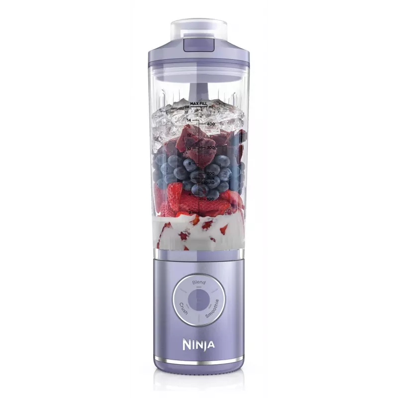 Pārnēsājamais blenderis Ninja BC251EULD — 0,57 L bļoda, baterija 11,1 V, nerūsējošā tērauda asmeņi, lavandas/caurspīdīgs