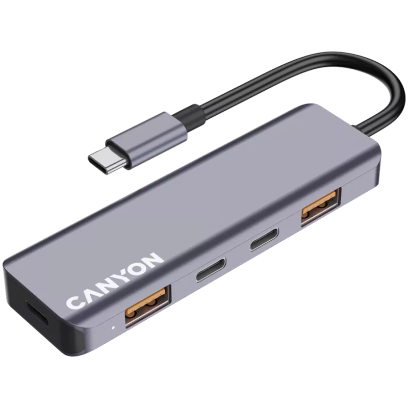 Canyon DS-18 - USB-C centrmezgls - 5 porti - 1x USB-C 5V līdzstrāvas uzlāde - 2x USB-C - 10 Gbps - 2x USB 3.2