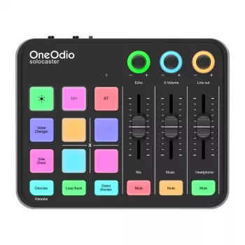 Audio mikseris un USB skaņas karte OneOdio Solocaster — kompakta galddatora saskarne straumēšanai un ierakstīšanai