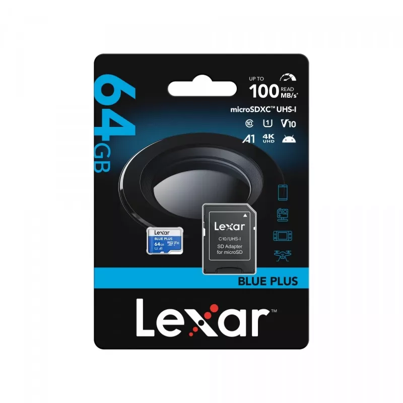 MicroSDXC atmiņas karte Lexar BLUE PLUS 64 GB UHS‑I 100 MB/s U1 V10 (zila)