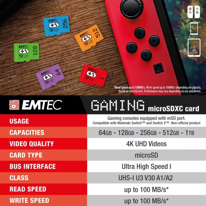 Emtec zibatmiņa 1TB UHS-I U3 V30 A2 Gaming Rouge ECMSDM1TXCU3G