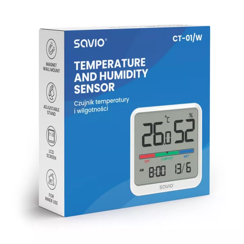 Iekštelpu temperatūras un mitruma sensors SAVIO CT-01/W, LCD displejs, -10–55°C, 10–99%RH, baterija CR2032