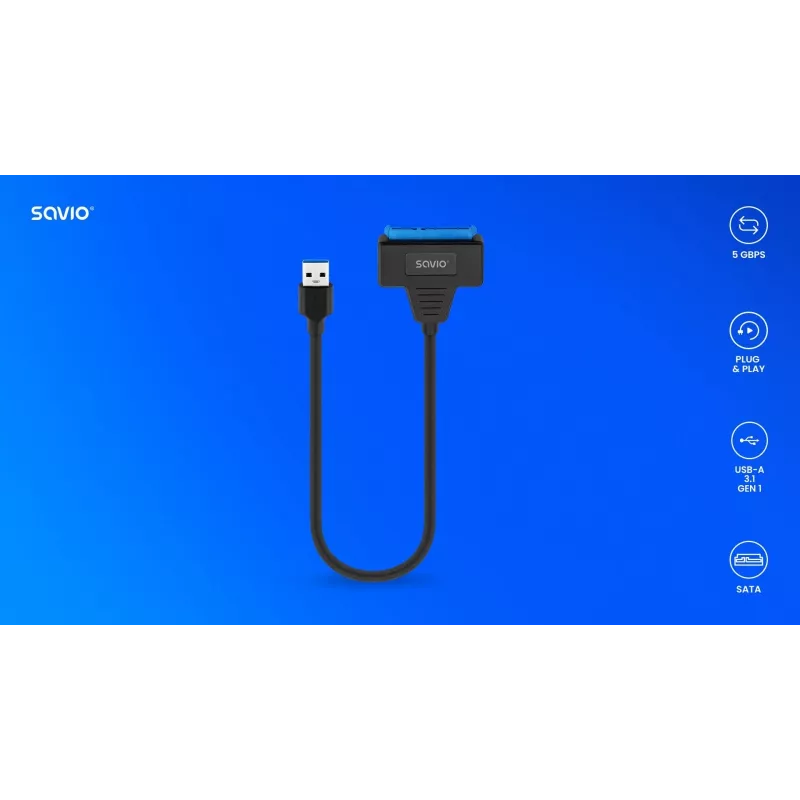 SAVIO SATA uz USB 3.1 Gen 1 interfeisa kabelis AK-68, SATA spraudnis uz USB-A spraudni, 5 Gbit/s, 0,25 m, melns