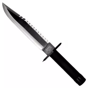 Nazis ar fiksētu asmeni izdzīvošanai, kino klasika Rambo I CC-H1 — 360 mm kopgarumā, 225 mm robains tērauda asmens, melna ādas maksts