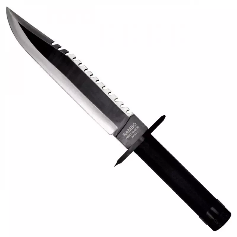 Nazis ar fiksētu asmeni izdzīvošanai, kino klasika Rambo I CC-H1 — 360 mm kopgarumā, 225 mm robains tērauda asmens, melna ādas maksts
