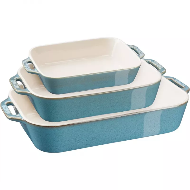 Staub 40508-172-0 keramikas taisnstūra cepamtrauku komplekts, 3 daļas, antīkā tirkīza