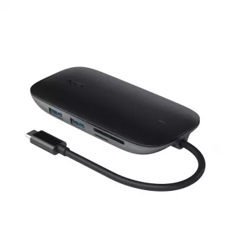 Klēpjdatora dokstacija AUKEY CB-C71 — 3x USB‑C (USB 3.2 Gen1), HDMI, RJ‑45, MicroSD, USB PD 100W, 0,15 m kabelis, melna