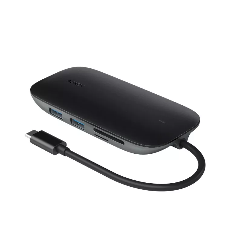 Klēpjdatora dokstacija AUKEY CB-C71 — 3x USB‑C (USB 3.2 Gen1), HDMI, RJ‑45, MicroSD, USB PD 100W, 0,15 m kabelis, melna