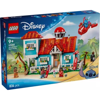 LEGO komplekts Disney 43268 Pludmales māja — modulāra mājas būvēšana, 834 detaļas, 5 minifigūras, vecumam 9+