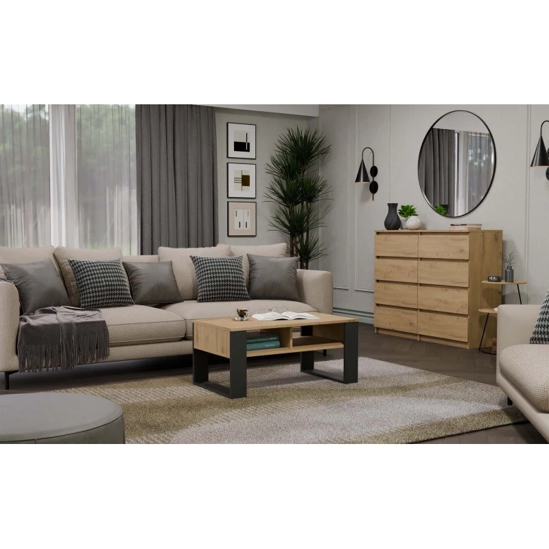 top e shop Modern kafijas galdiņš 90×58×50 cm, antracīta krāsas rāmis, matētas Artisan ozola plaukti