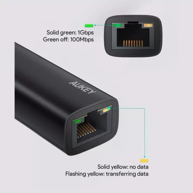 Ethernet adapteris Aukey CB-A30 USB‑C uz Gigabit RJ45 10/100/1000 Mbps, USB 3.0, alumīnija, LED indikatori