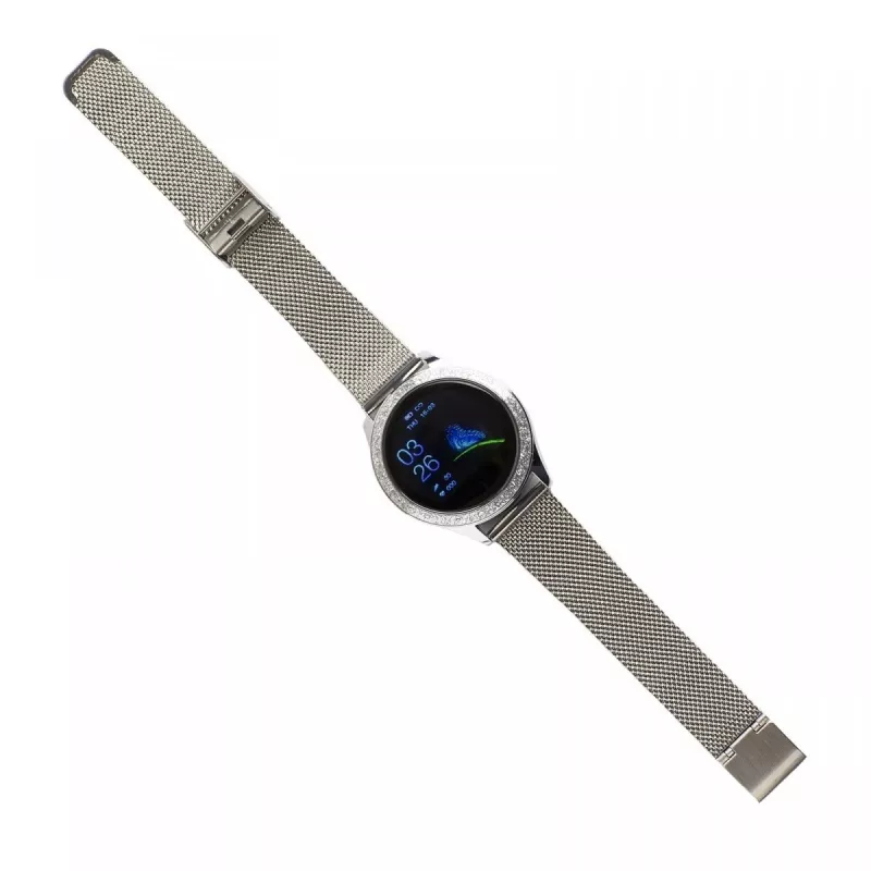 Smartwatch ORO-MED ORO-SMART CRYSTAL SILVER — apaļš metāla korpuss, LCD 240×198, 1,04 collu displejs, Bluetooth 4.0, ūdensizturīgs, 120 mAh baterija