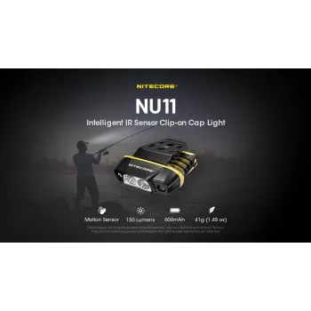 Galvas lukturītis Nitecore NU11 — 150 lm, IPX5, USB uzlādējams, 41 g, dzeltens/melns