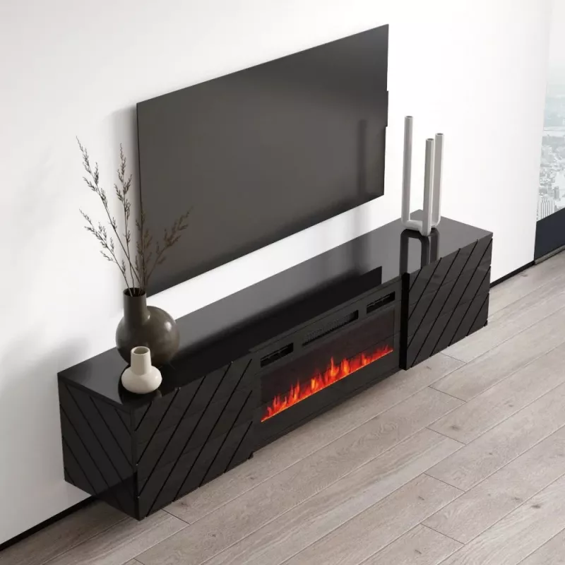 TV skapītis cama meble LUXE 301126 ar iebūvētu elektrisko kamīnu, 182,6×34,5×37,5 cm, melns spīdīgs