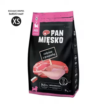 Sauso kucēnu barība Pan Miesko teļa gaļa ar paipalu XS 9 kg — Junior Small Breed, 30% proteīns, 20% tauku